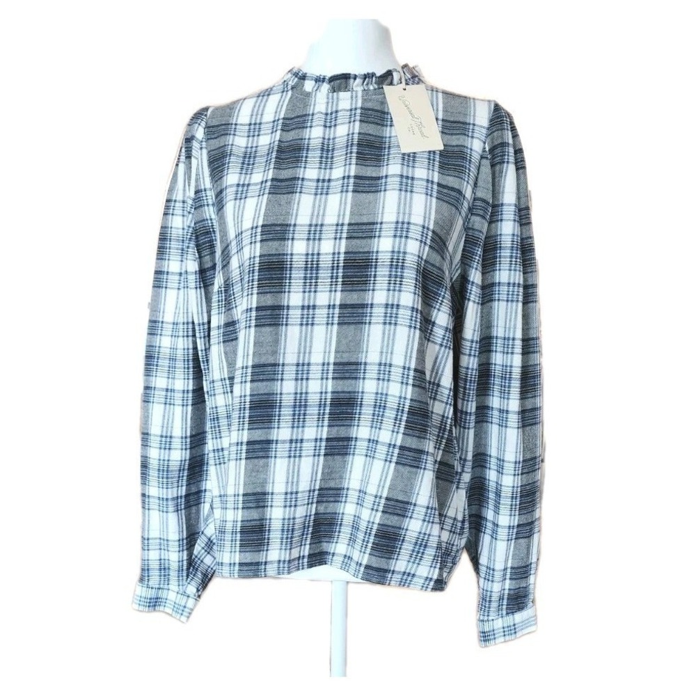 Universal Thread Plaid Top Womens Medium Blue Ruffle Blouse Casual Preppy NEW